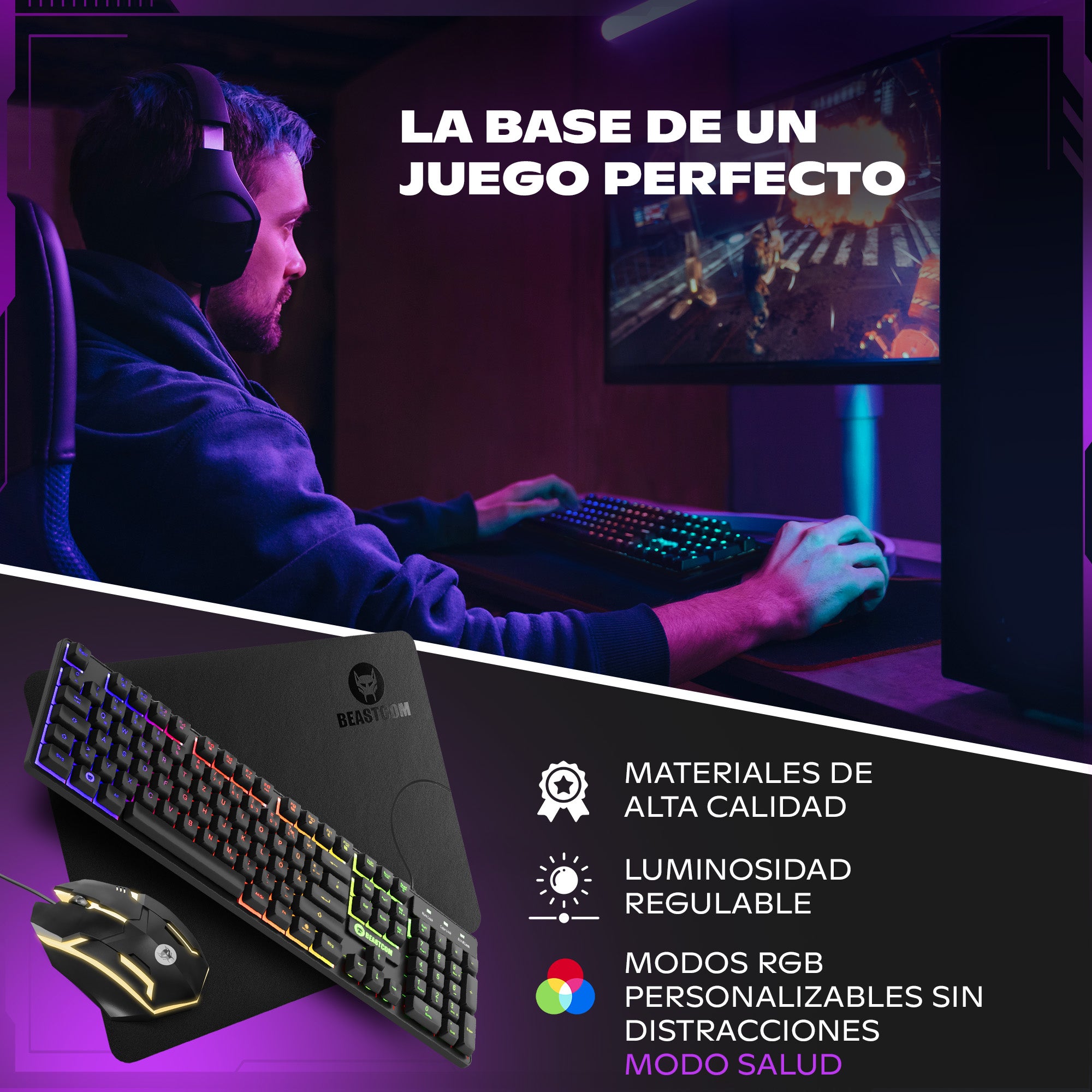 BEASTCOM® GS200 | Essential Gaming | Tastatur, Maus und Mauspad Set | QWERTY (ES) - RGB Tastatur, USB Gaming Maus, Rutschfestes Mauspad - PC PS5 XBOX kompatibel | Gamer Komplettset Schwarz