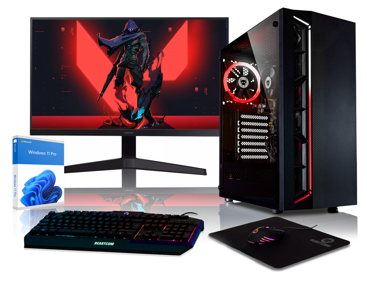 BEASTCOM Q3 | Essential Gaming PC | Komplett-Set | AMD Ryzen 3 4X 4,00GHz | 4K Vega 8-Kern Grafik | 16GB RAM | 512GB SSD | Monitor LED 24" + Tastatur + Maus + Mauspad | HDMI | WLAN | Win 11