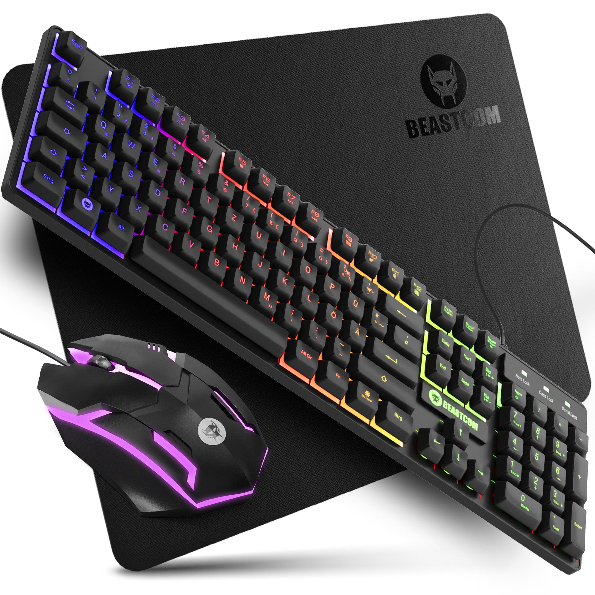 BEASTCOM® GS200 | Essential Gaming | Tastatur, Maus und Mauspad Set | QWERTY (ES) - RGB Tastatur, USB Gaming Maus, Rutschfestes Mauspad - PC PS5 XBOX kompatibel | Gamer Komplettset Schwarz