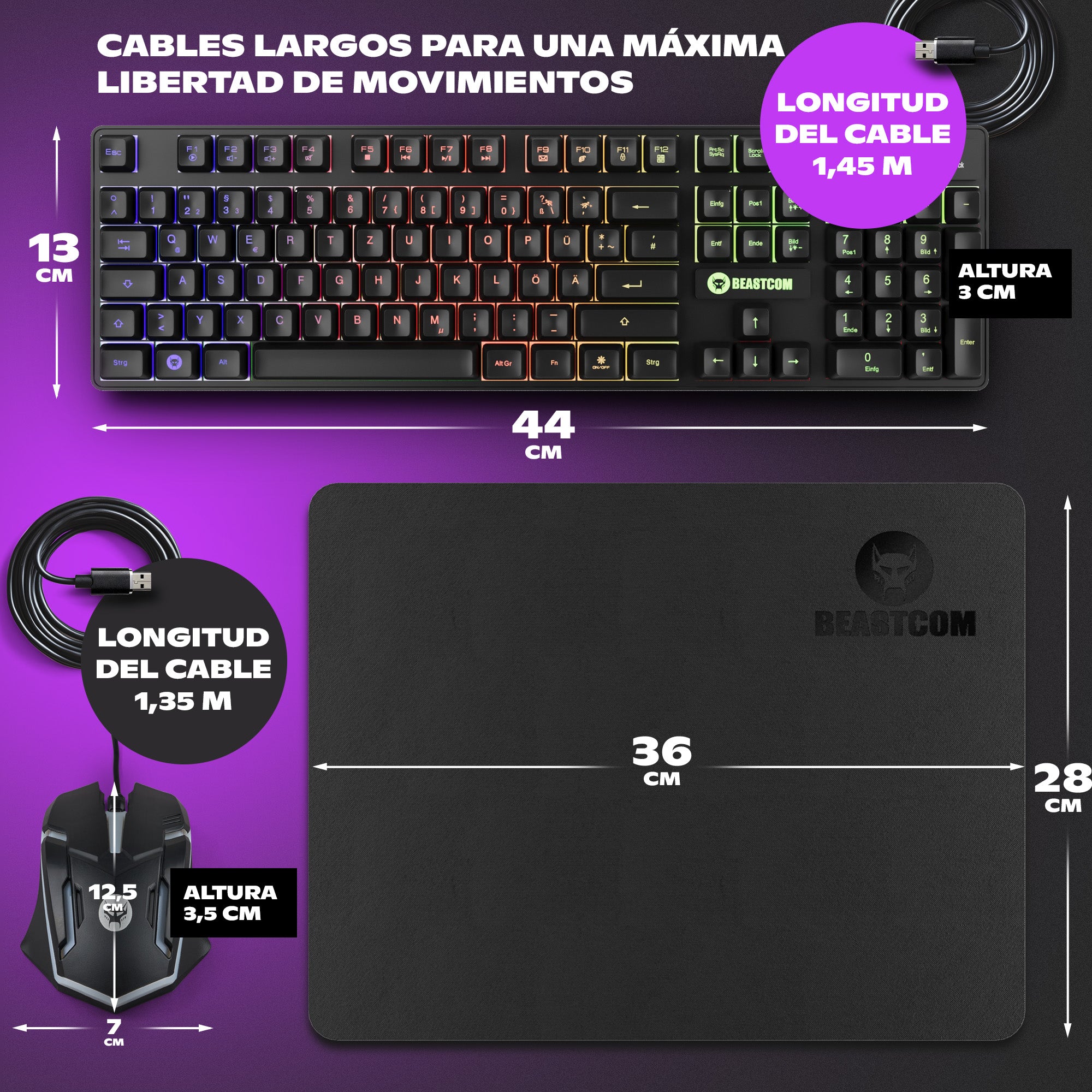 BEASTCOM® GS200 | Essential Gaming | Tastatur, Maus und Mauspad Set | QWERTY (ES) - RGB Tastatur, USB Gaming Maus, Rutschfestes Mauspad - PC PS5 XBOX kompatibel | Gamer Komplettset Schwarz